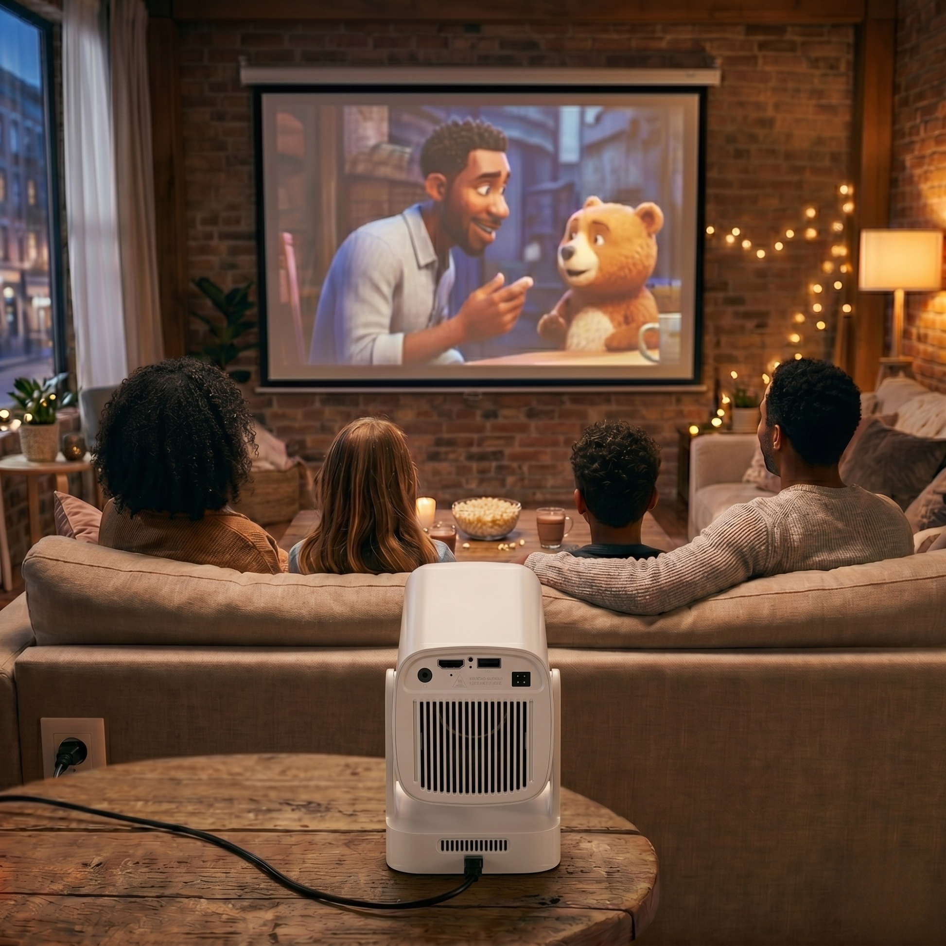 Family watching a movie on a screen in a cozy living room with a portable projector.