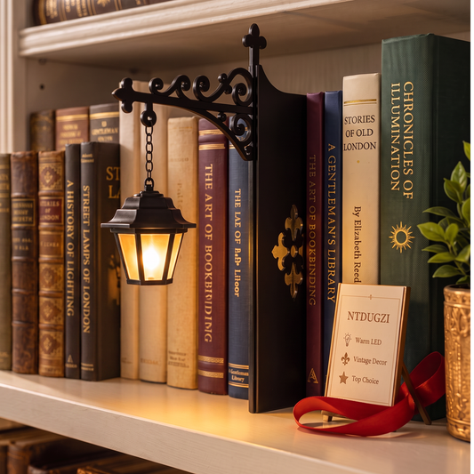 A decorative black metal wall-mounted lantern shelf light with a warm glowing bulb, styled on a white bookshelf between vintage books. A small product card reading 'NTDUGZI' is attached near the bottom with a red ribbon.