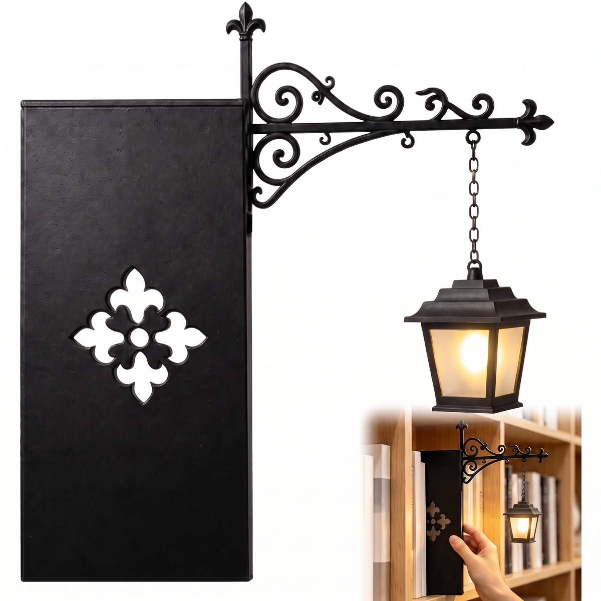 Black metal wall-mounted lantern light fixture with an ornate scroll bracket and hanging chain, shown against a white background with a small inset demonstrating use in a room.