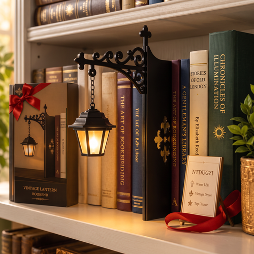 A decorative miniature black wrought-iron wall lantern with a warm glowing LED bulb, styled on a bookshelf between books and alongside a book titled 'Vintage Lantern Bookmarks'.