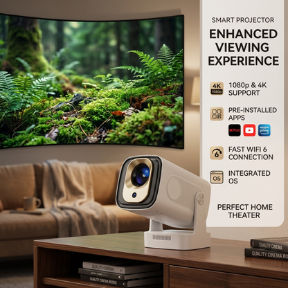 Smart projector displaying a nature scene in a living room with text highlighting features.
