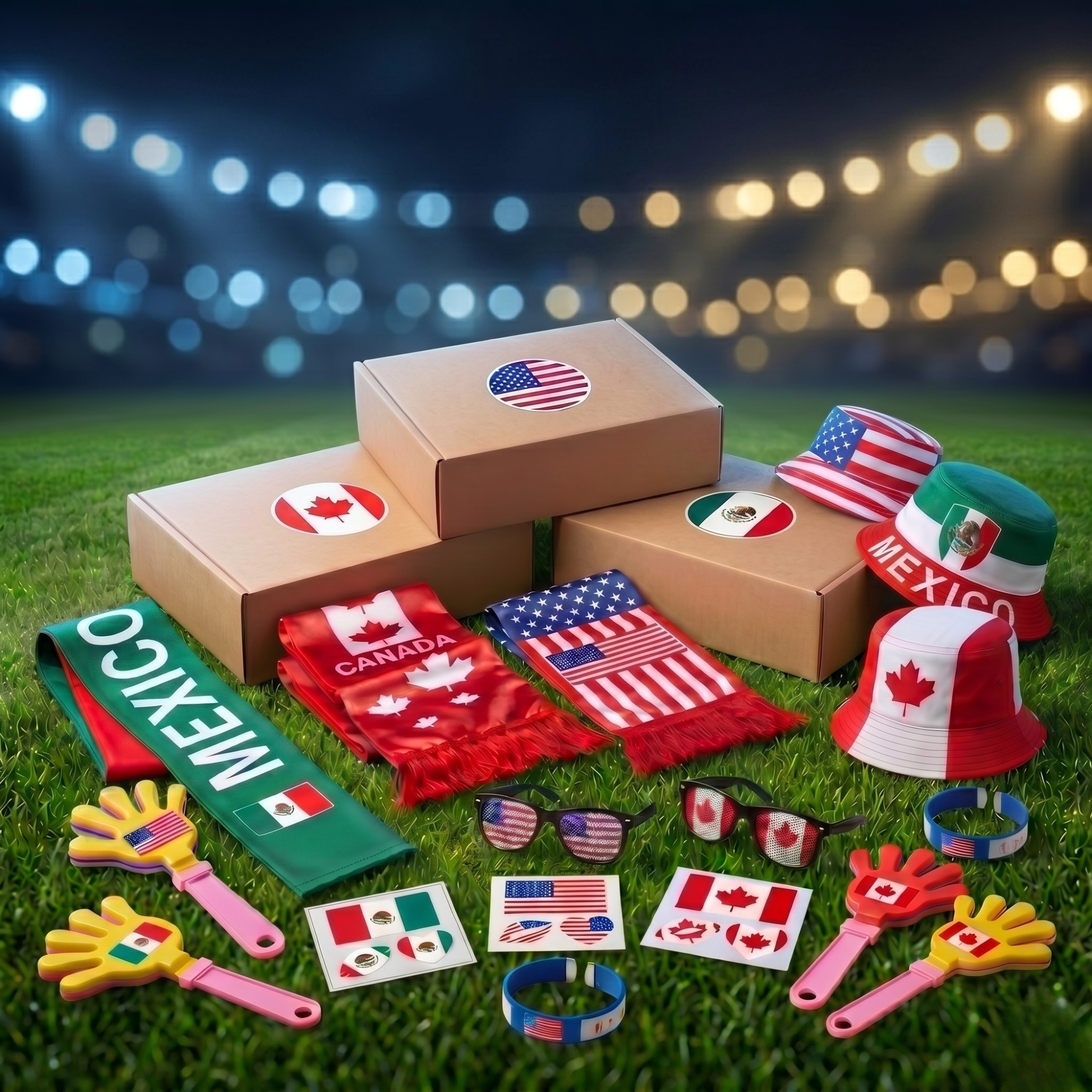 Collection of international-themed items including flags, hats, and accessories on grass with a blurred light background.