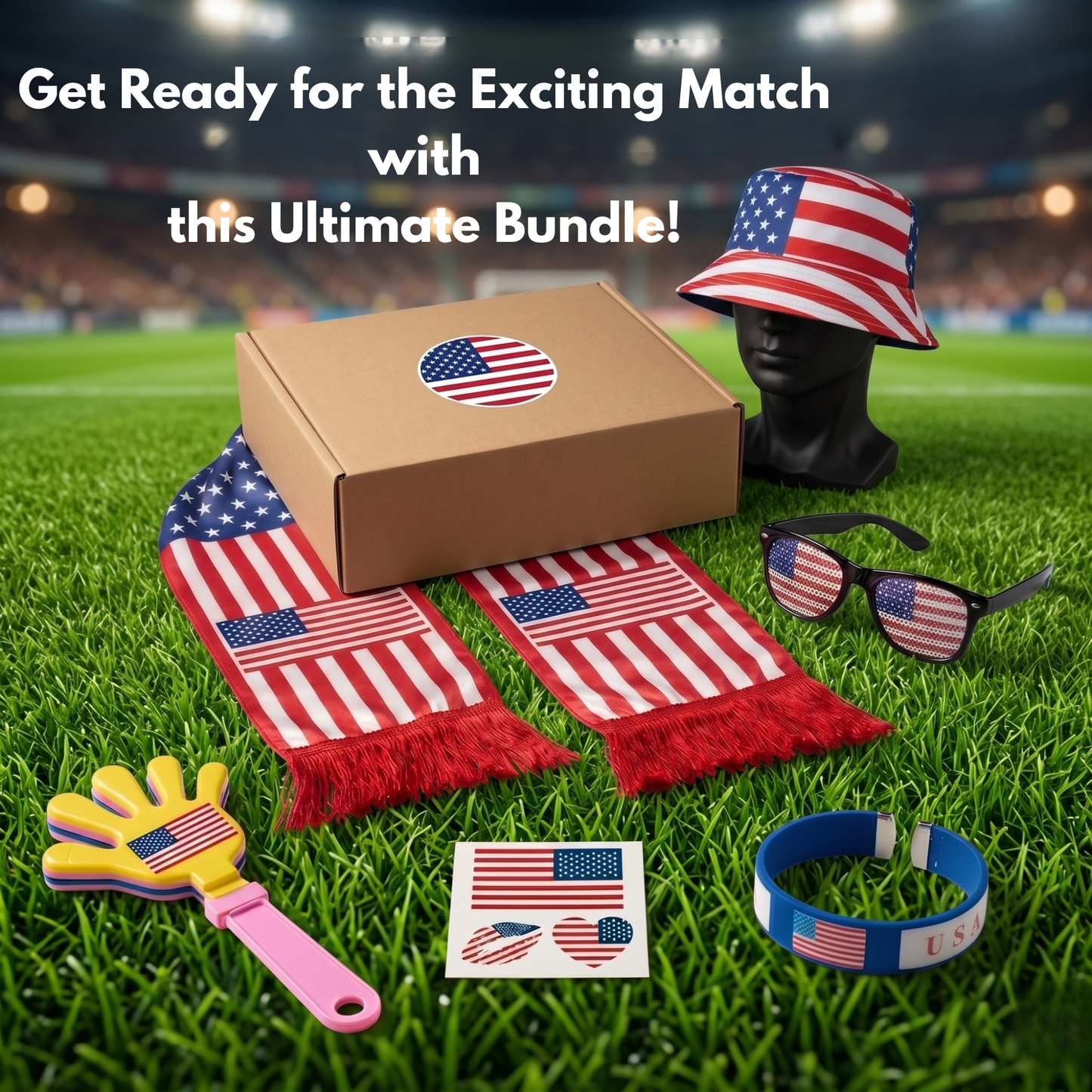 Sports fan gear bundle with American flag items on a grass field background