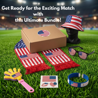 Sports fan gear bundle with American flag items on a grass field background