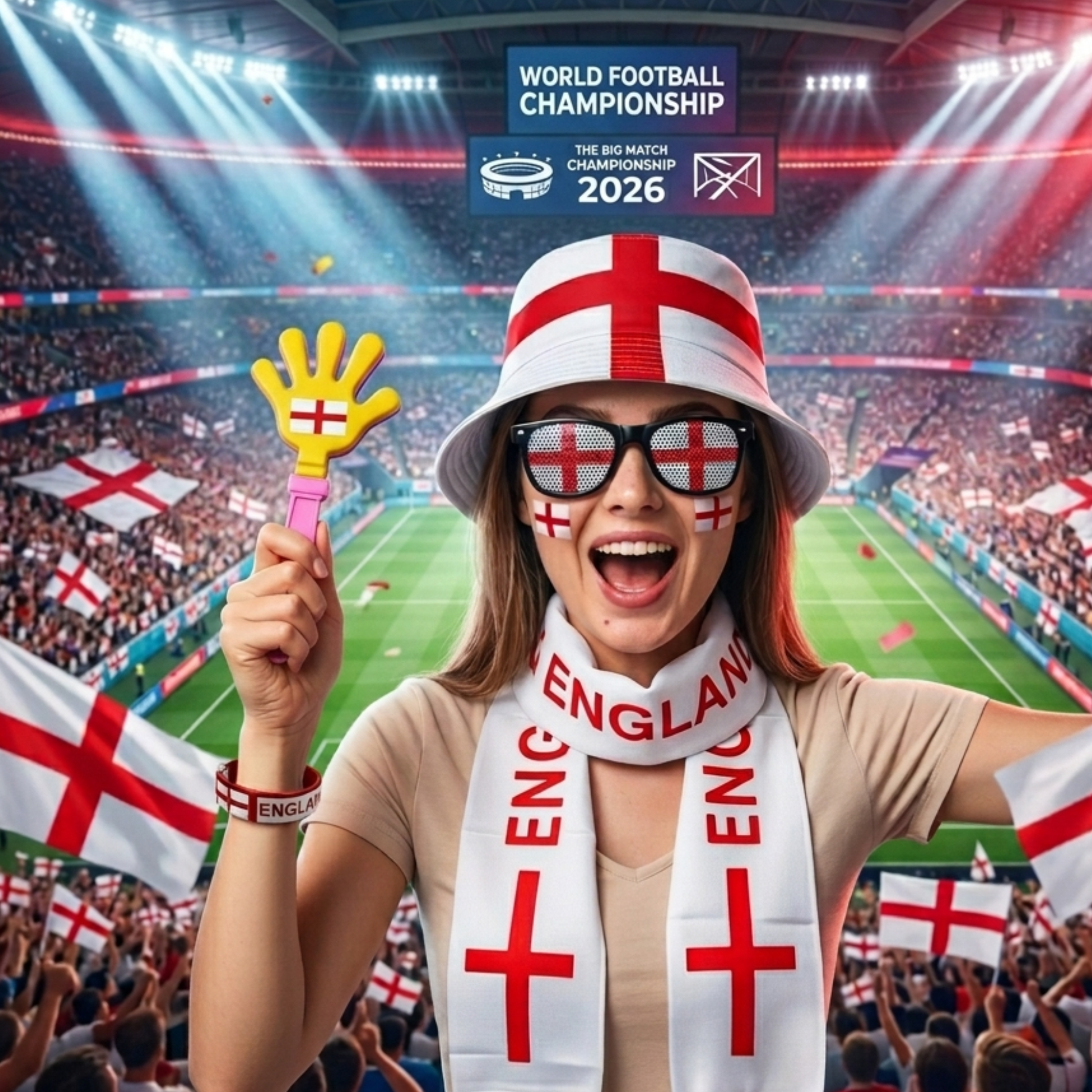 Person wearing England-themed accessories in a stadium with World Football Championship 2026 branding.