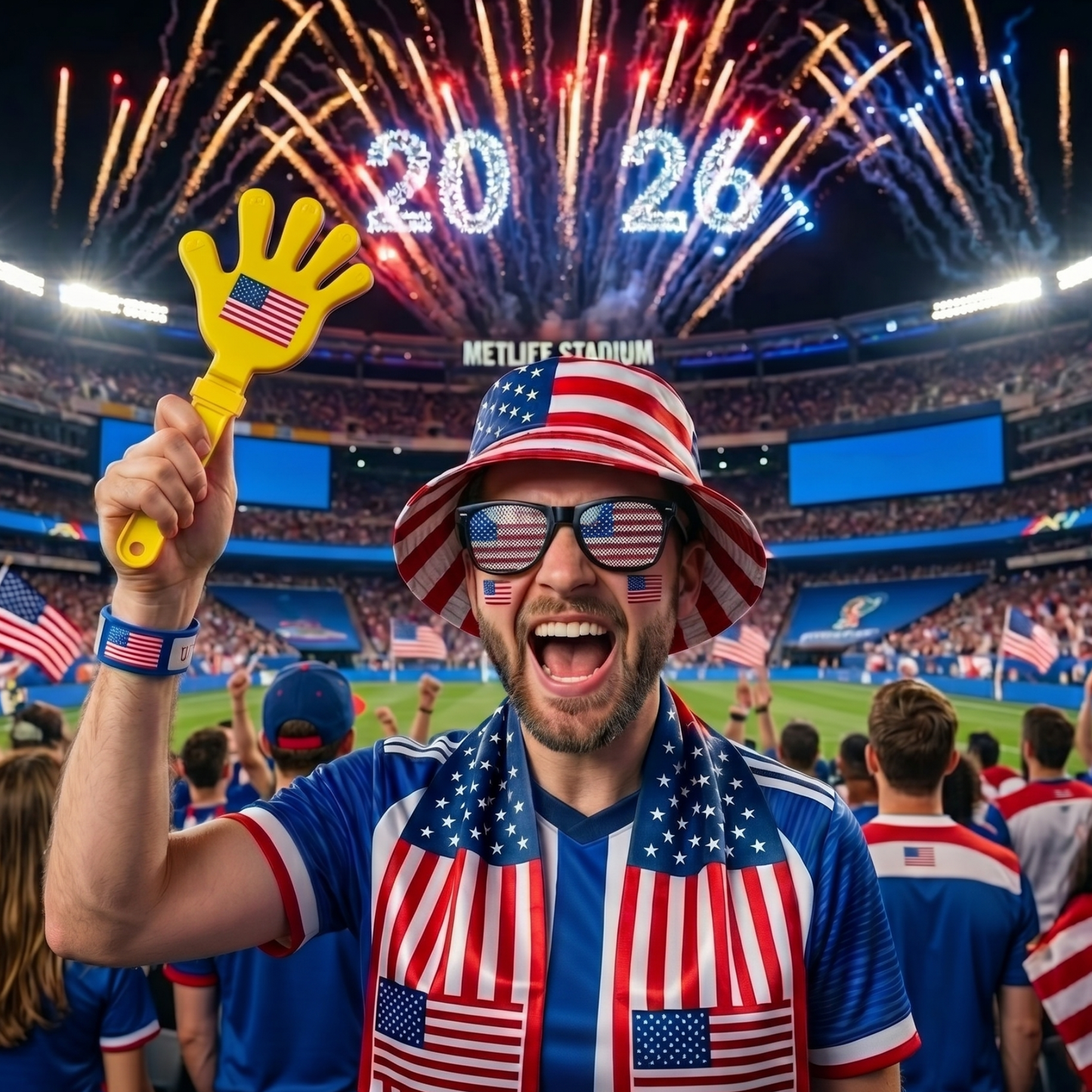 Man in American-themed clothing celebrating with fireworks and stadium in the background