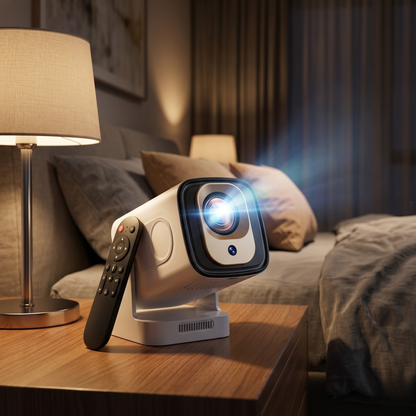 Projector on a nightstand with a remote control, projecting light onto a screen in a bedroom setting.