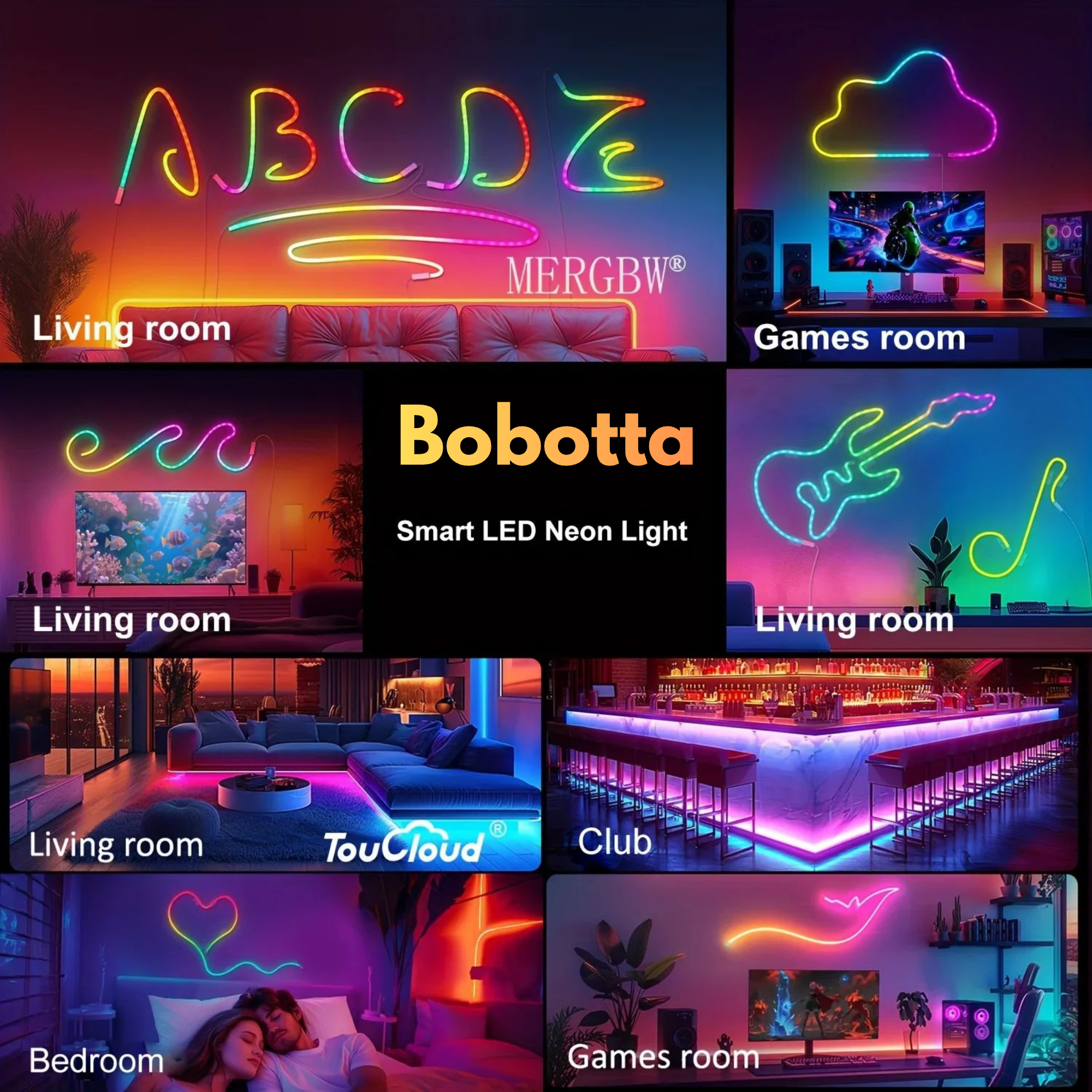 Collage of Bobotta smart LED neon lights in various rooms and settings.