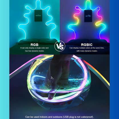 Comparison between RGB and RGBIC LED lights with a colorful glowing ball.