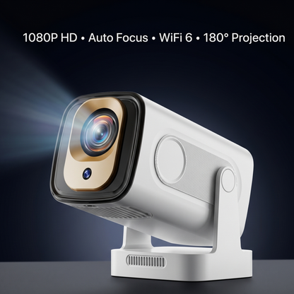 White camera with gold lens on a dark background, featuring text about camera specifications.