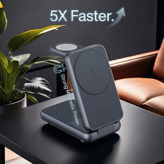 Wireless charging stand on a table with '5X Faster Charging' text in the background