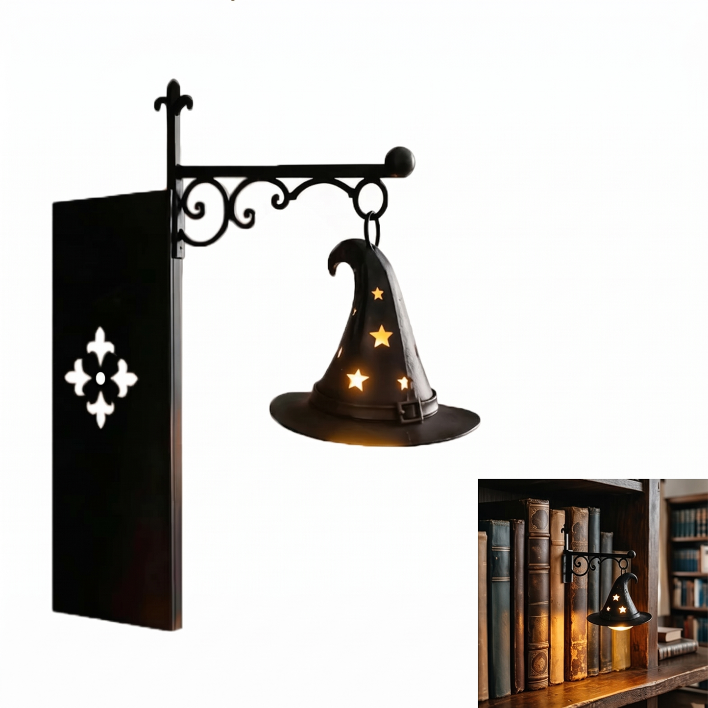 Black metal witch hat wall sconce with star cutouts, shown mounted on a wall with a decorative panel, plus a small inset photo of the lamp lit on a bookshelf.