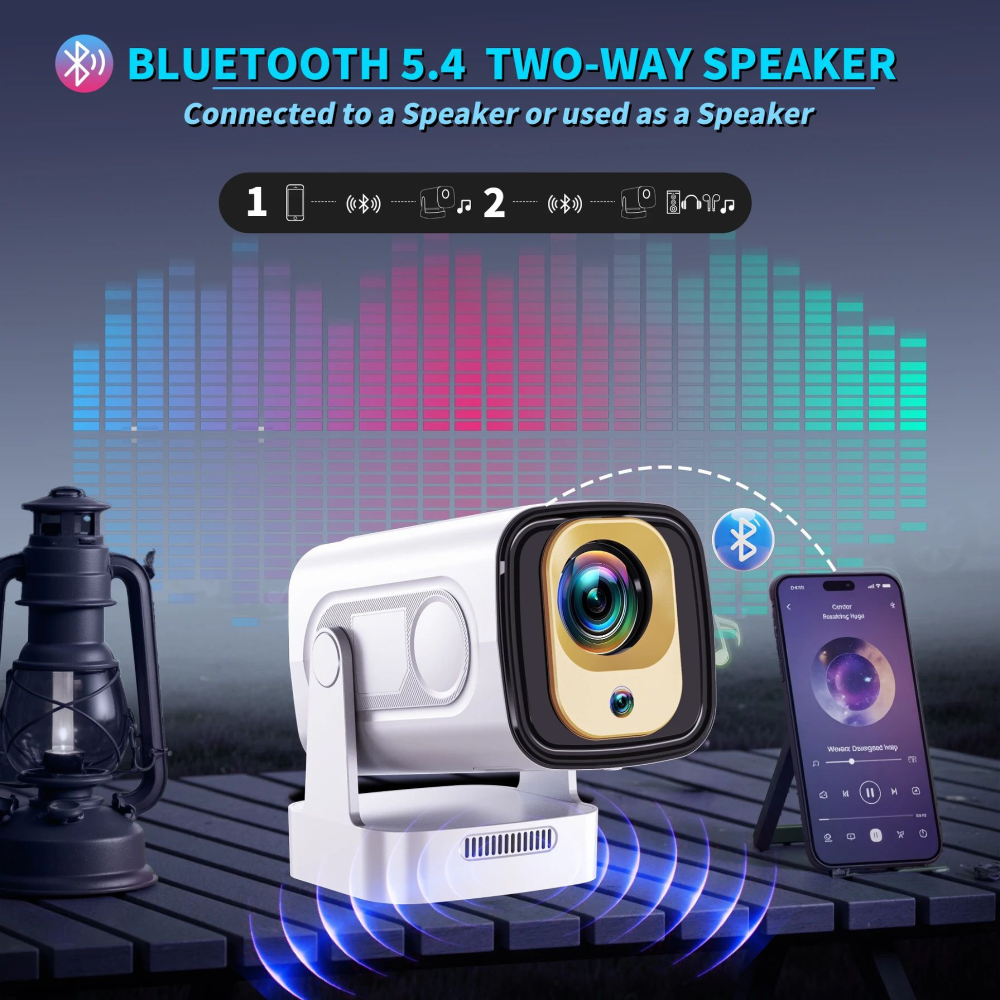 Two-way speaker with Bluetooth 5.4 connection, smartphone, and lantern on a dark background