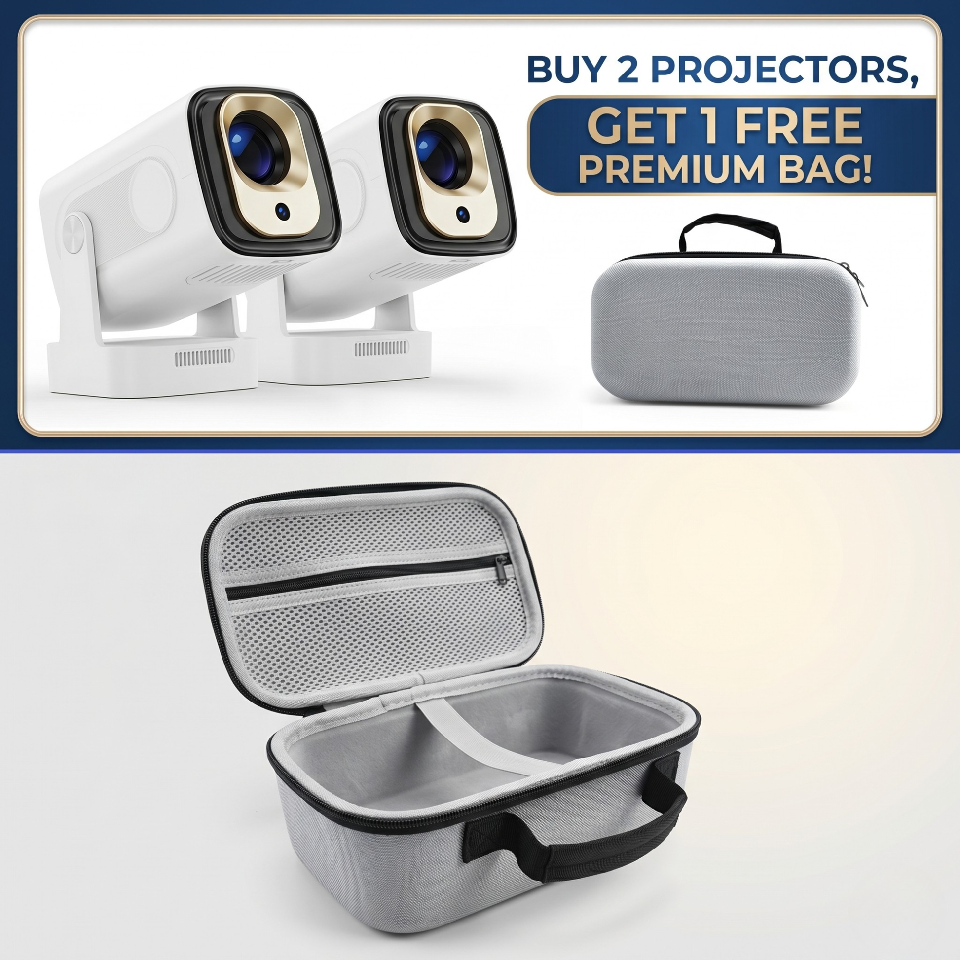Two projectors with a free premium bag offer on a white background