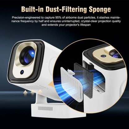 Projector with dust-filtering sponge feature on a dark background