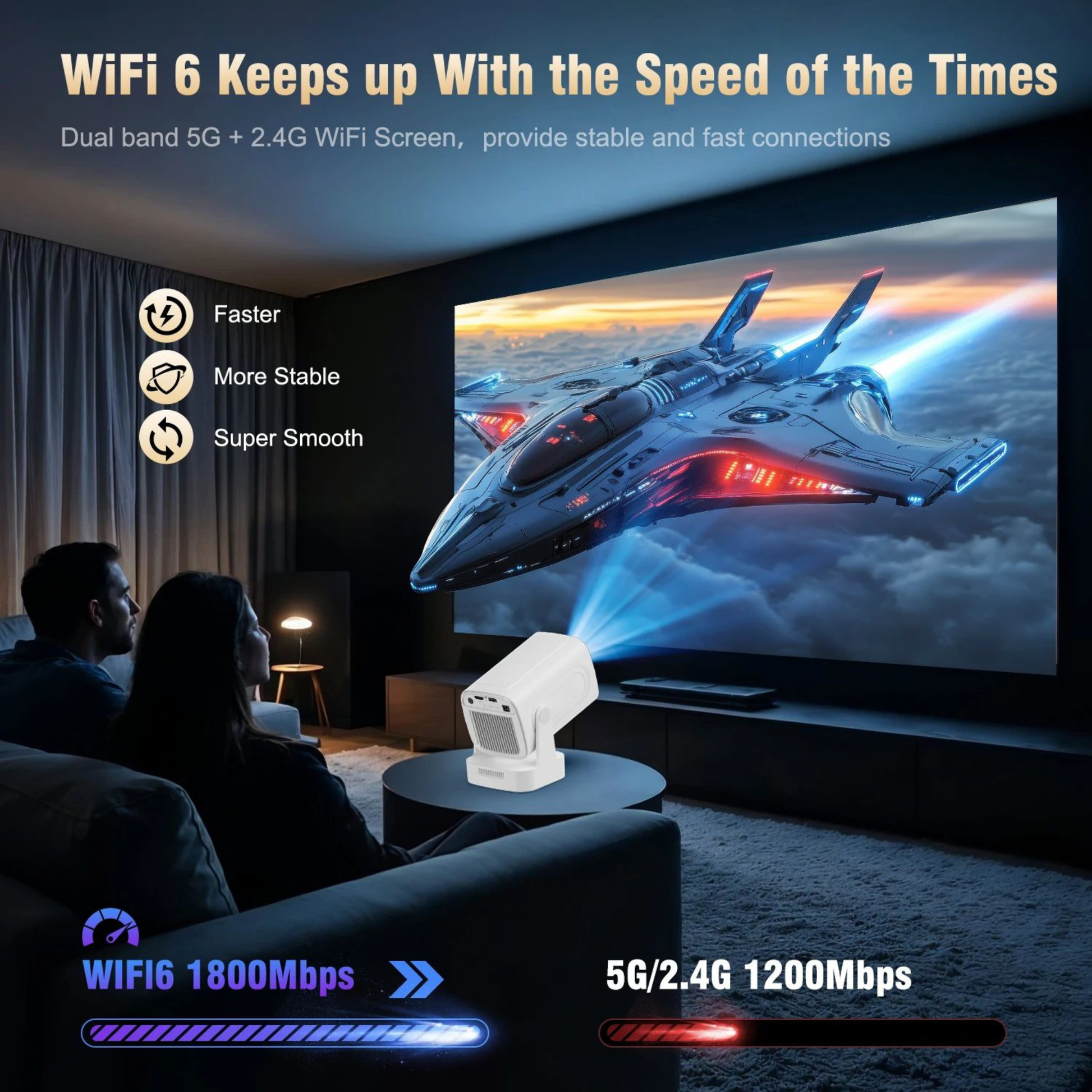 Home theater setup with a projector displaying a spaceship scene, with text about WiFi 6 connectivity.