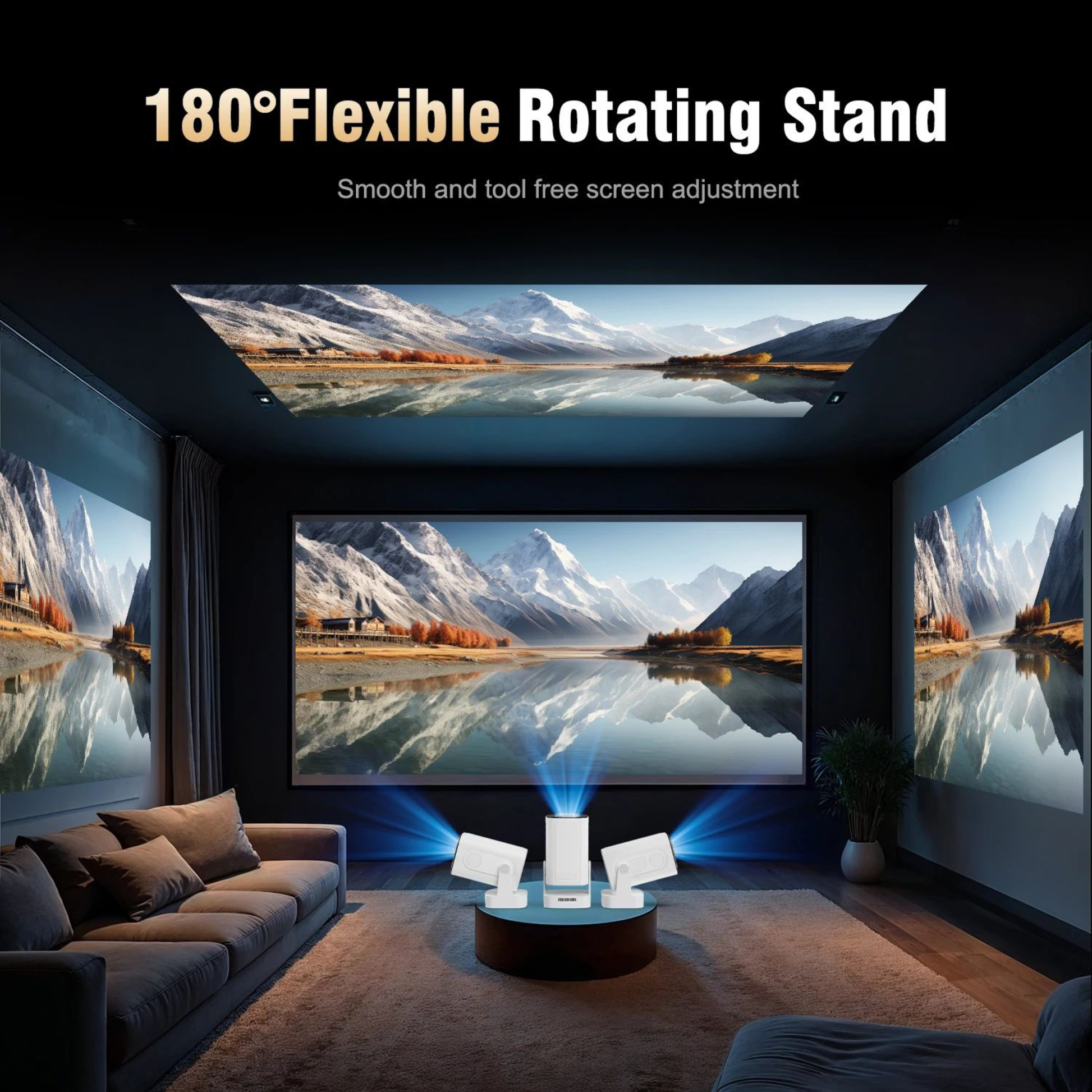 Living room with a large screen displaying a mountain landscape, featuring an 180-degree flexible rotating stand.