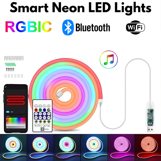 Smart Neon LED Lights with RGBIC, Bluetooth, and WiFi capabilities on a white background.