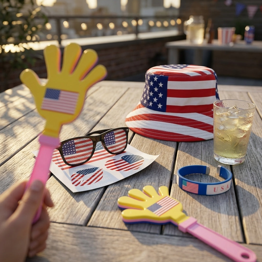 Outdoor setting with American flag-themed items including a hat, sunglasses, and wristband on a wooden table.