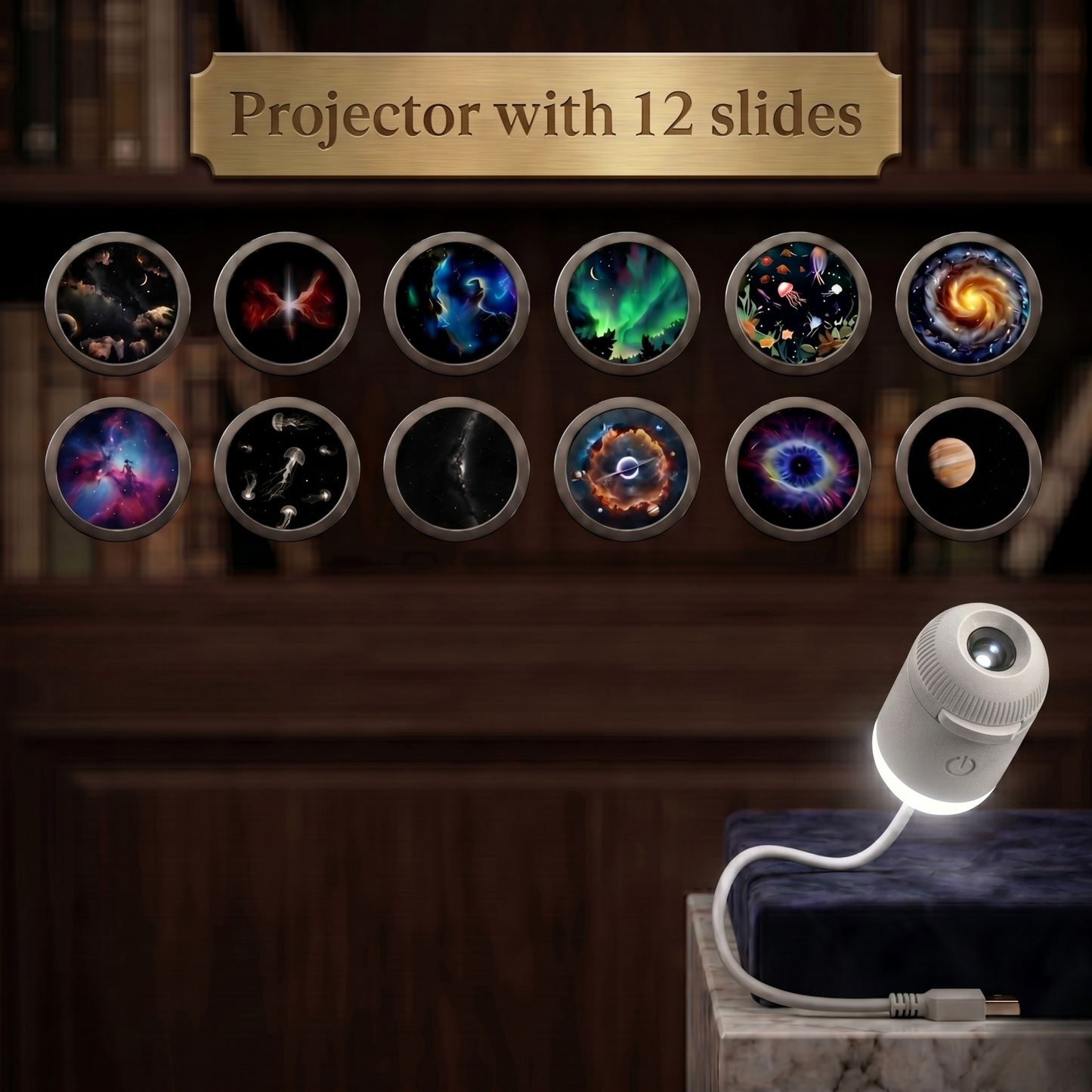 Projector with 12 slide options displaying various celestial scenes on a wooden surface.