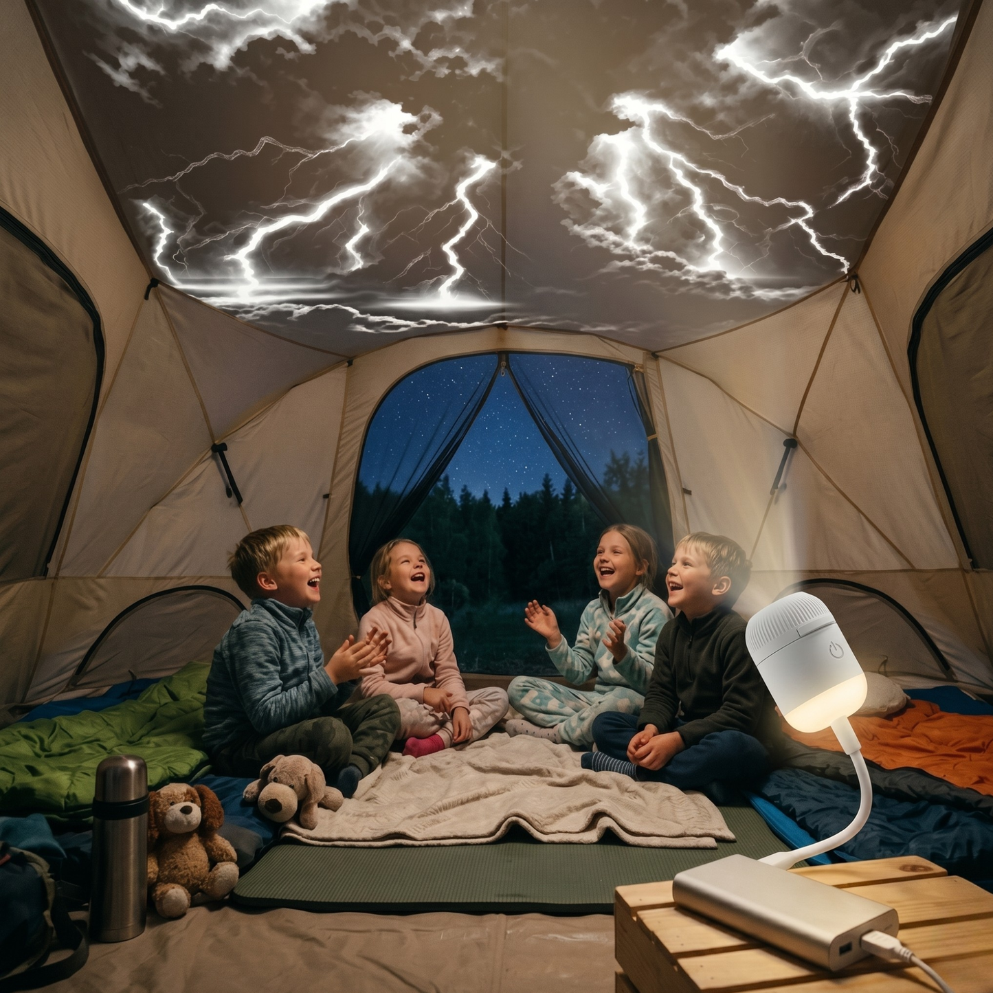 Children inside a tent with projected lightning, surrounded by camping gear.