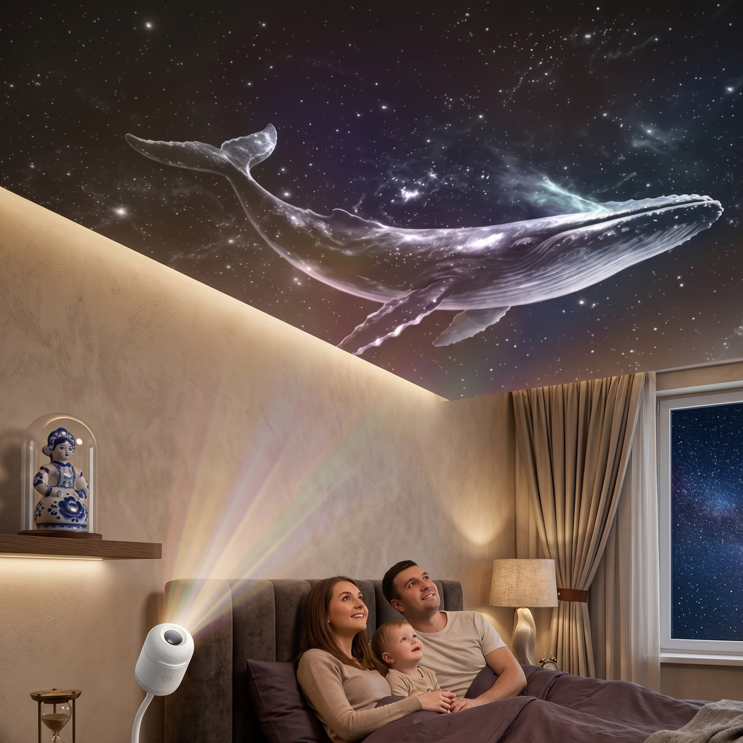 Family in a bedroom with a whale-shaped projector displaying a starry sky.