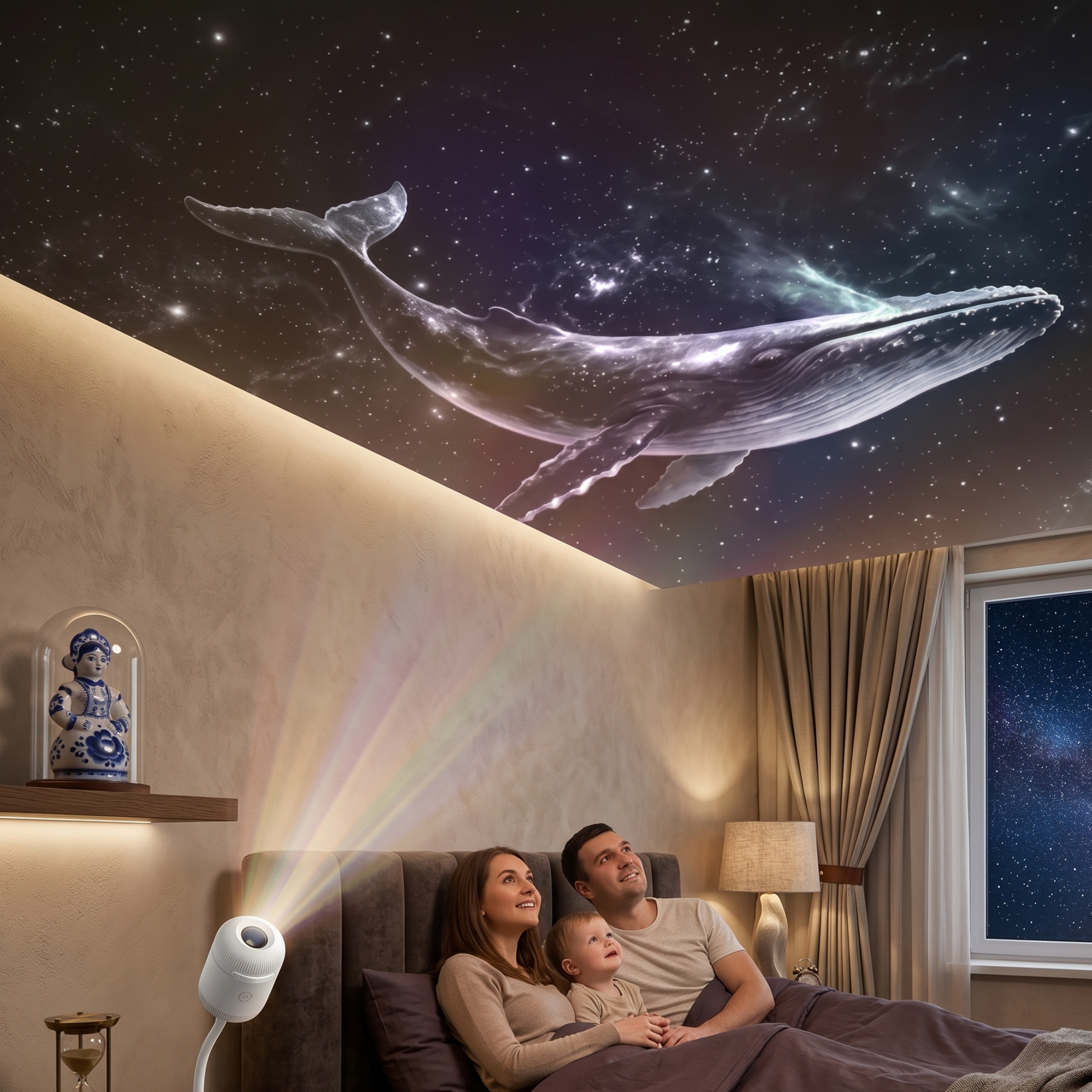 Family in a bedroom with a whale-shaped projector displaying a starry sky.