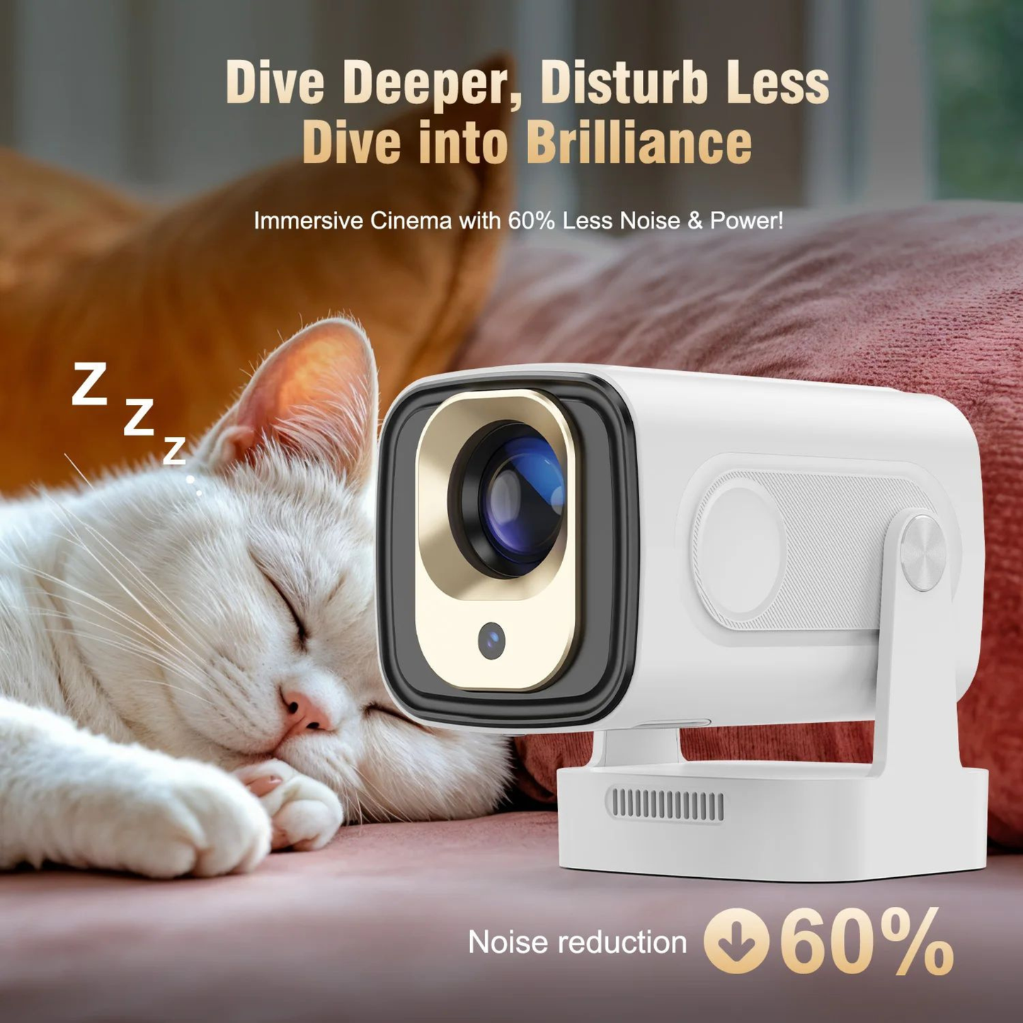 White camera with gold lens on a surface next to a cat, with text about noise reduction and immersive cinema.