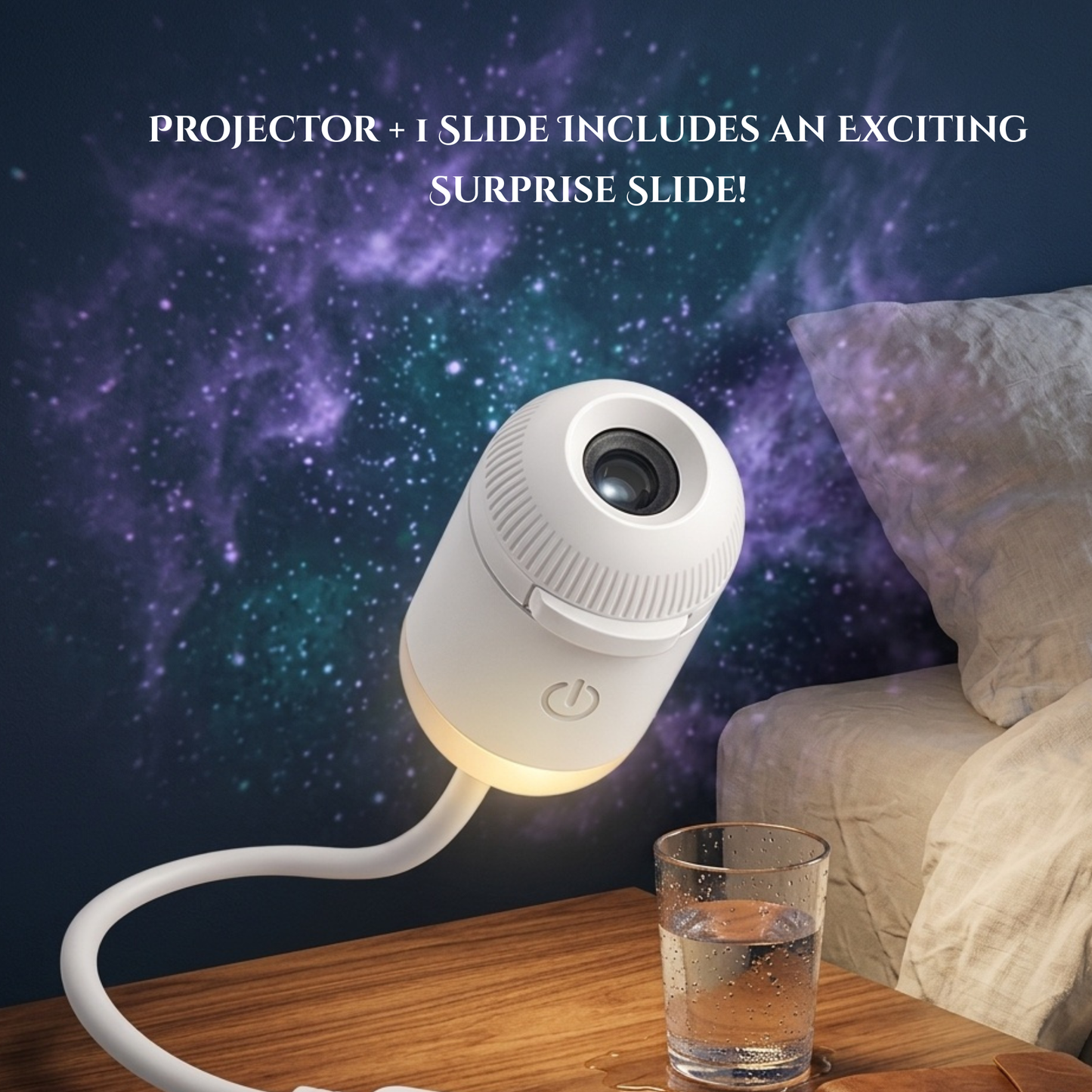 White projector on a table with a glass of water, against a starry night sky background.